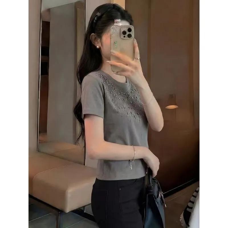 Women's Slim Fit Solid Color Bling Rhinestone Casual Short Top For Summer Daily