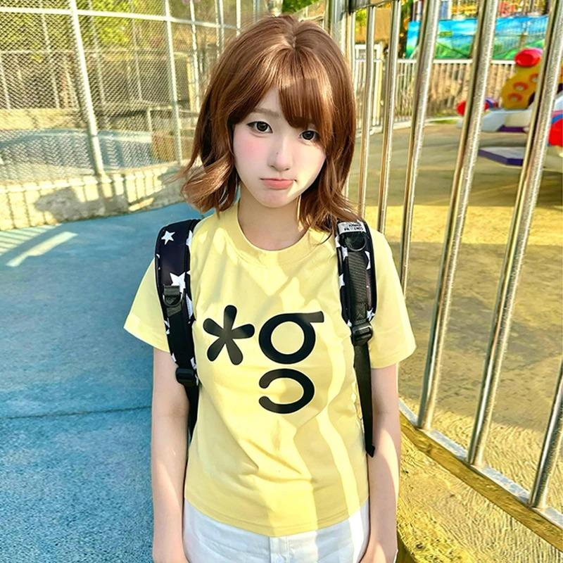 KOSY  Korean Style T-shirt Women Print Graphic Tops Y2k Vintage Tops 2000s Japanese Aesthetic Tee Tops Summer Grunge Tees