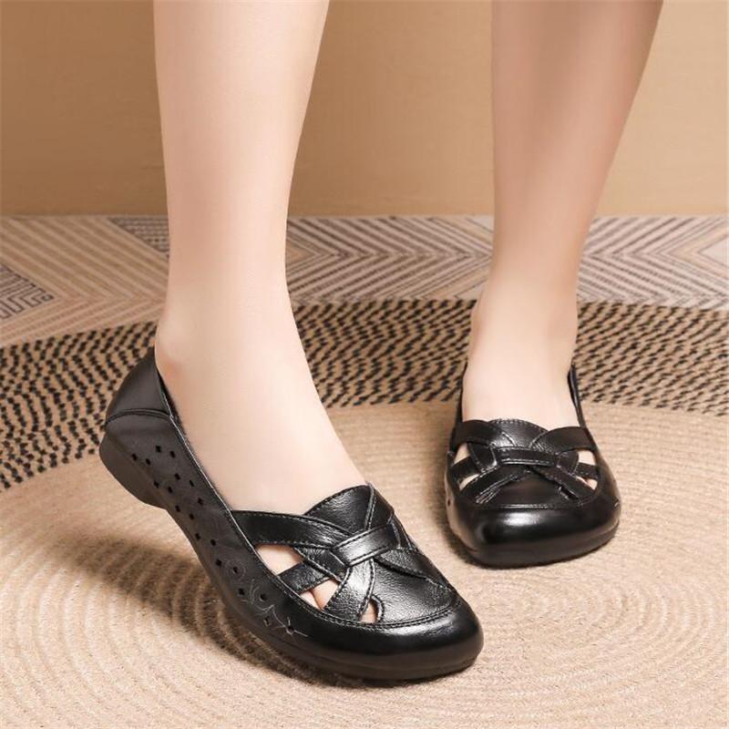 Fashion Genuine Leather Soft Sole Shallow Mouth Women's Shoes Hollow Out Breathable Casual Flat Shoes Comfort Women Low Heels Shoes