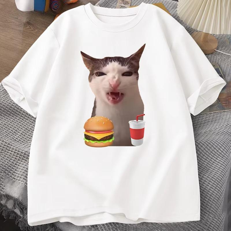 Cat Crunching Food Meme Tshirt Women Unisex Silly T Shirts Funny Cat Eating TShirt Cotton Short Sleeve Graphic Tees Streetwear