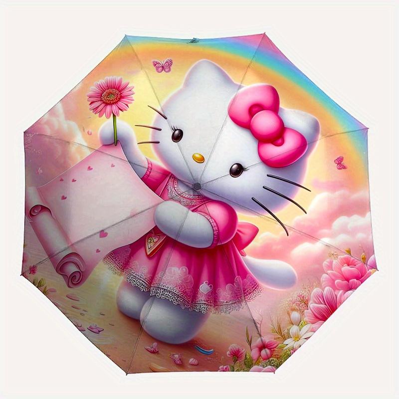 Hello Kitty,Fantasy Scene Automatic Folding Umbrella-Simple 8-Rib Design, Bright Cartoon Pattern, Durable Iron Frame, Suitable For Travel, O