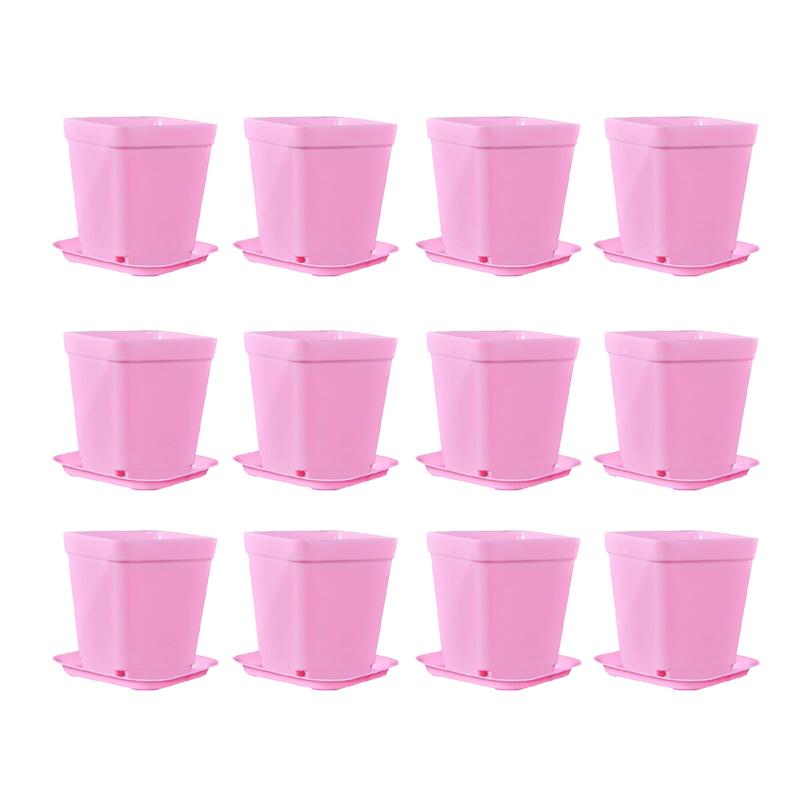 12PCS/Set Colorful Plastic 7cm Square Flowerpot with Tray Office Desktop Plant Grow Container Succulent Pot Garden Nurseries ZYF