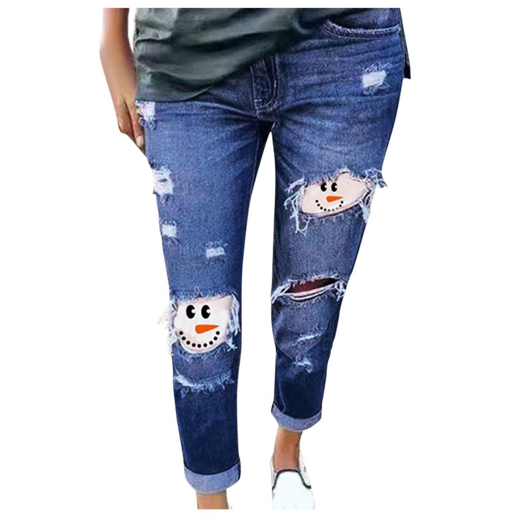 Women Jeans Snowman Print Ripped Jeans 