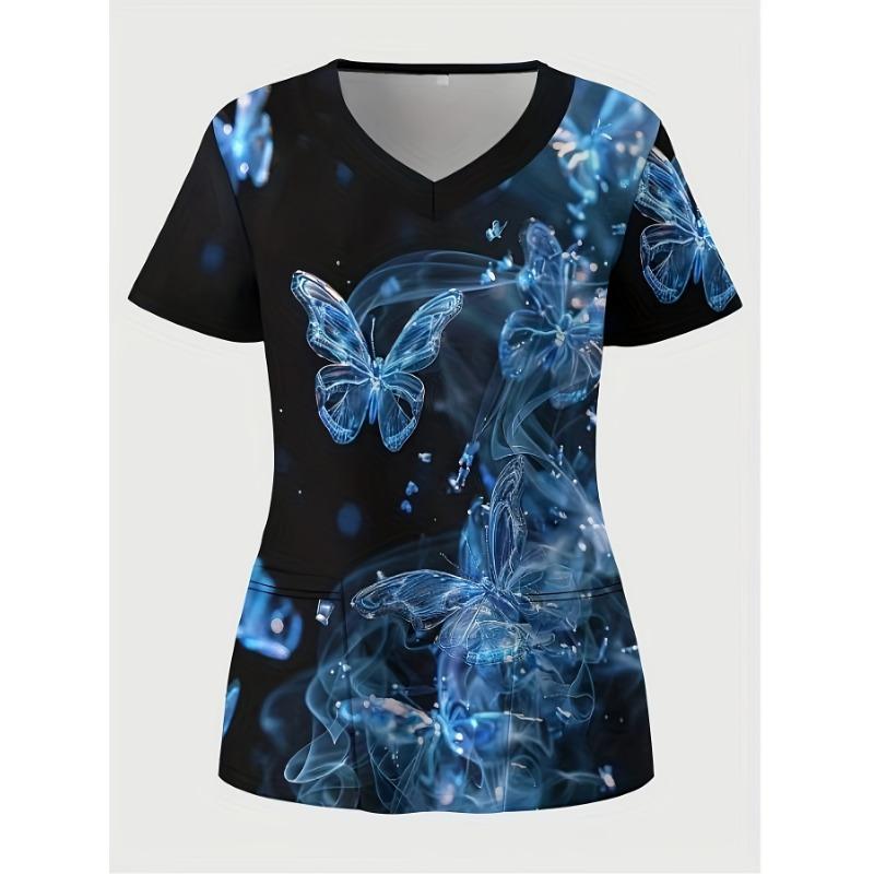 Fashion Butterfly Pattern 3D Print V-neck Top Women's Clothing