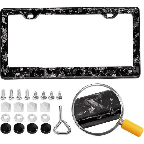 Real Carbon Fiber License Plate Frame, 100% Pure Carbon Fiber Frame, Black License Plate Holder Cover With Screw Caps, Anti-Vibration Pads, (Twill 2