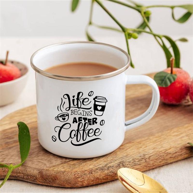 Life Begins After Coffee Print Mugs Creative Coffee Tea Drink Dessert Breakfast Milk Cup Enamel Mugs Handle Drinkware Best Gifts