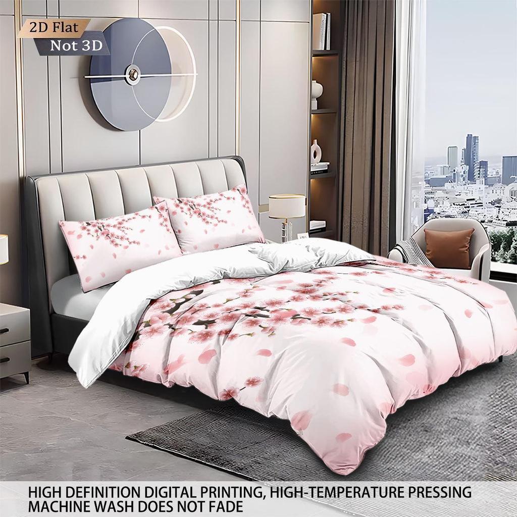 Three-Piece Pink Plum Blossom Brushed Duvet Cover Bedding Set - Custom Patterns Available