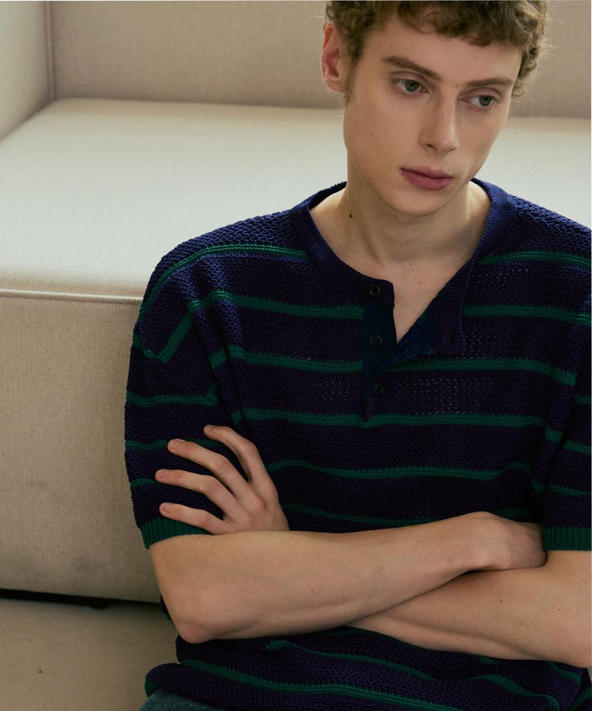 NODU Henley Neck Striped Short Sleeve Knit [Navy]