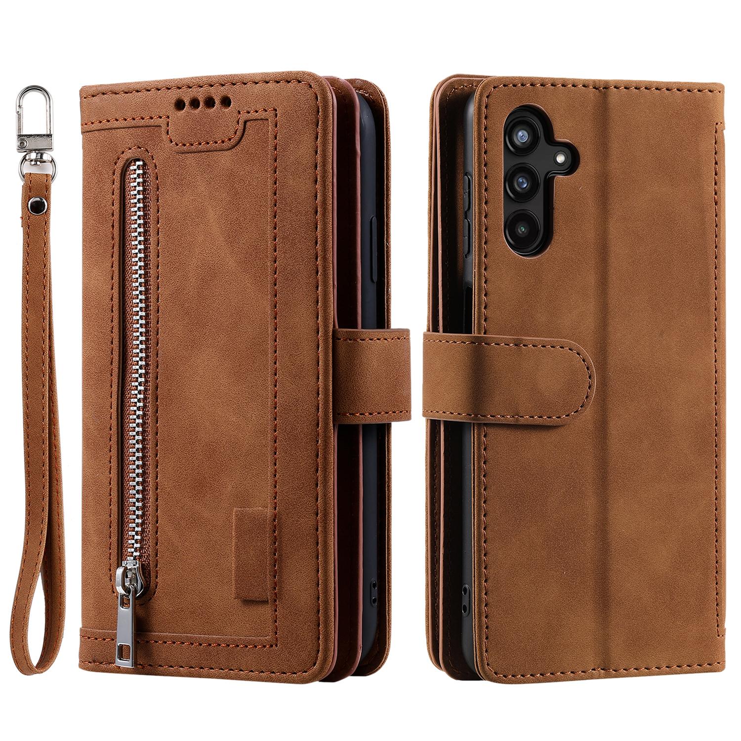 

For Samsung Galaxy S25 FE Case 9 Card Slots Zipper Wallet PU Leather Phone Cover with Wrist Strap Brown