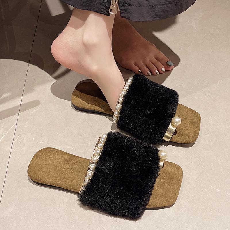 Winter Fur Square Toe Women Flats Slippers Bead Designer Fashion Shoes New Brand 2025 Trend Walking Cozy Home Femme Chaussures