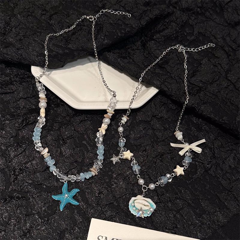 Hot-selling Rice Bead Resin Starfish Pendant Necklace Simple and Sweet Versatile Collarbone Chain Design Sense Niche Item Decoration