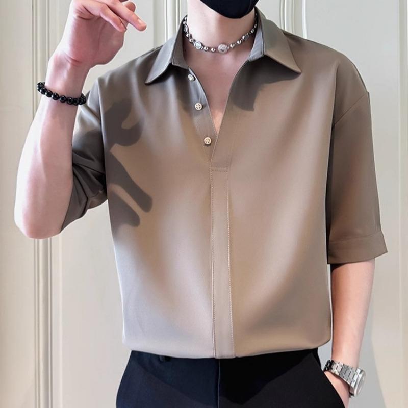 Mens Loose Solid Short Sleeve Turn Down Collar Summer Casual Wrinkle Free Shirt M