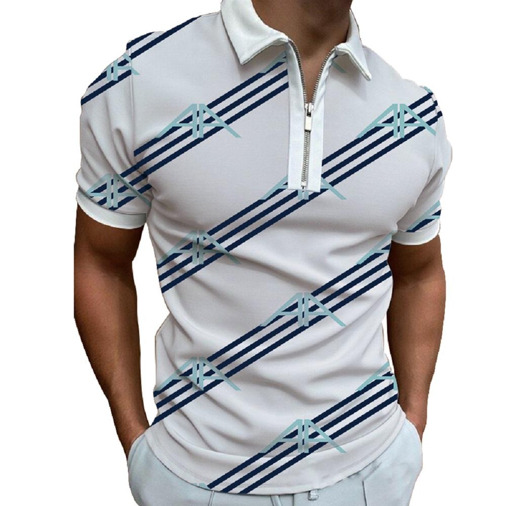 Men's summer fashion striped printed short sleeved zipper polo shirt