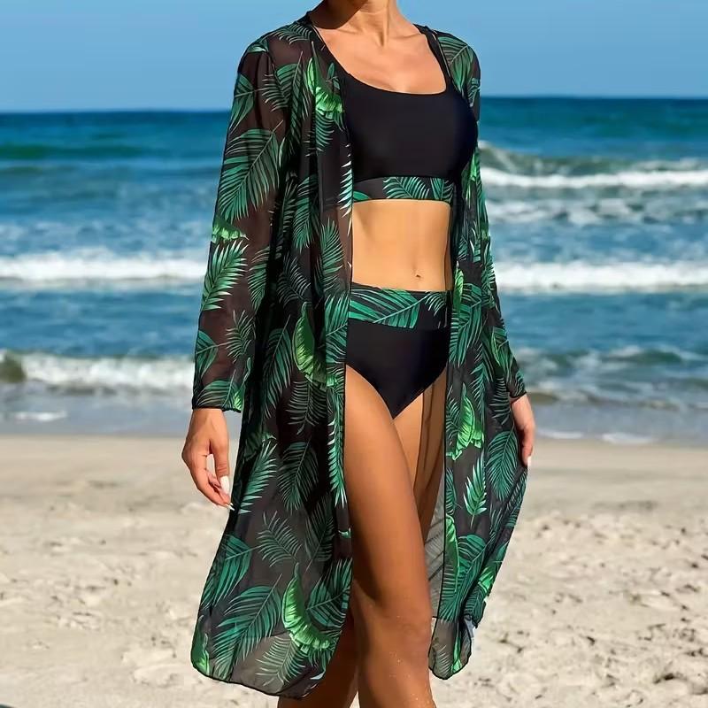 

Трехкомпонлектный бикини-сет с принтом зеленых пальмовых листьев и прозрачным кимоно-накидкой из шифона S зелёный