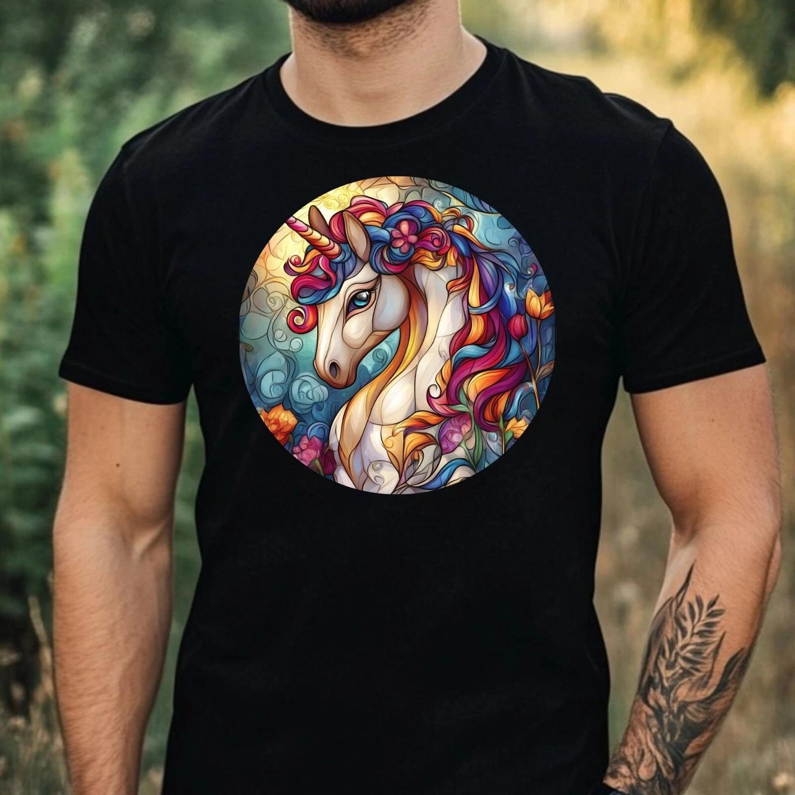 T-Shirt Herren Einhorn Buntglas Motiv Baumwolle Größe XS bis 5XL XS