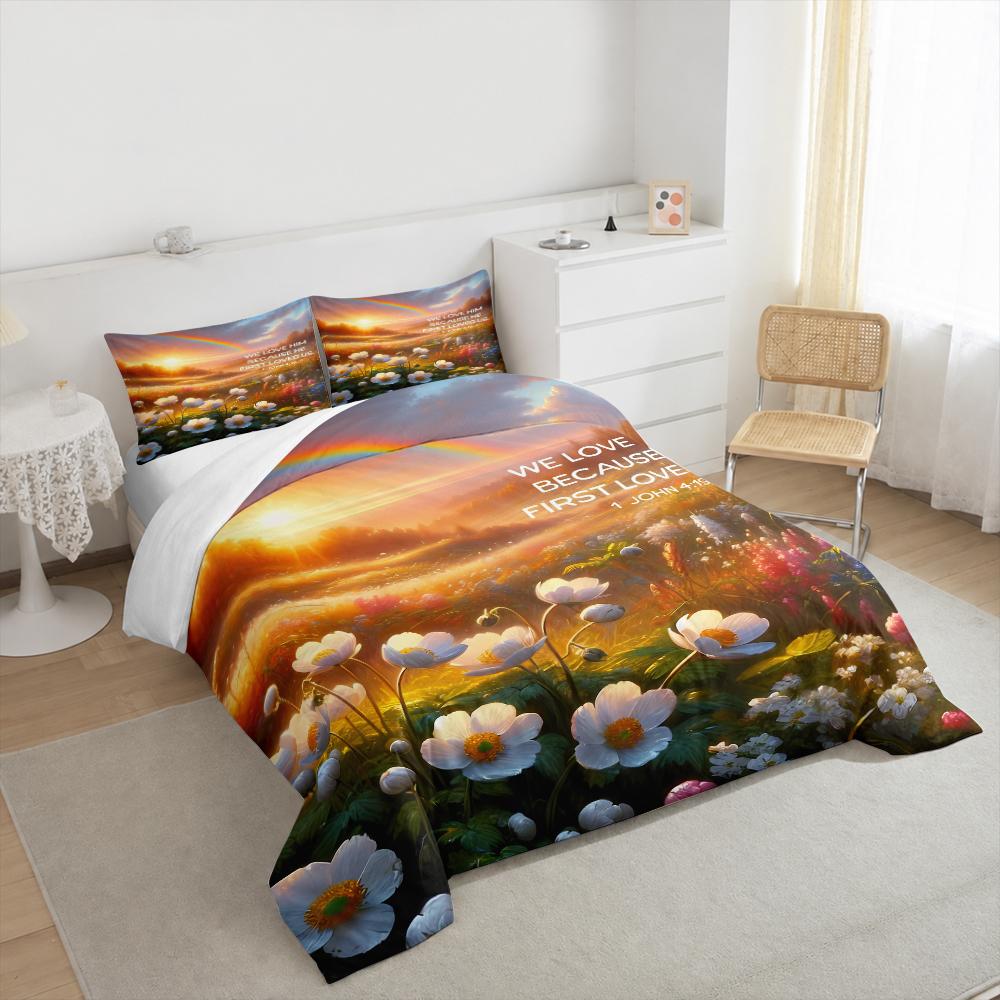 Sunset Flower Meadow Rainbow Bedding set (1 duvet cover, 2 pillowcases, duvet not included), 1 John 4:19 Bible Verse Art Print