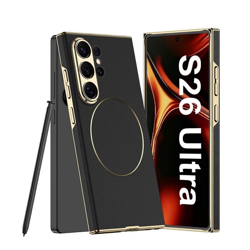 Magnetic Wireless Charging Case Galaxy S26 Ultra S25 Curved PU Leather With Nickel Ring Anti-Slip Shockproof PC