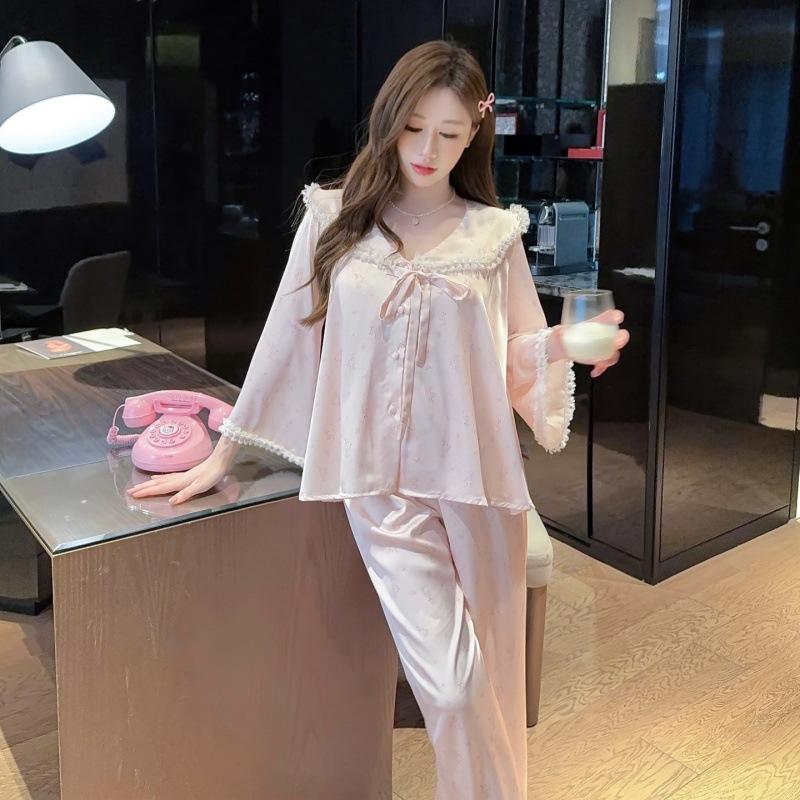 1011 spring new French sweet suspender trousers ice silk pajamas women's four-piece loungewear with chest pads