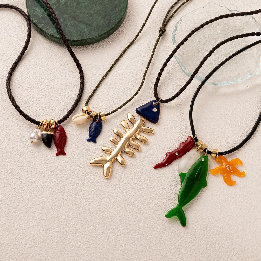 Copper Multi-Pendant Summer Ocean Small Fish Starfish Fish Bone Rope Necklace Stainless Steel Vacuum Plating