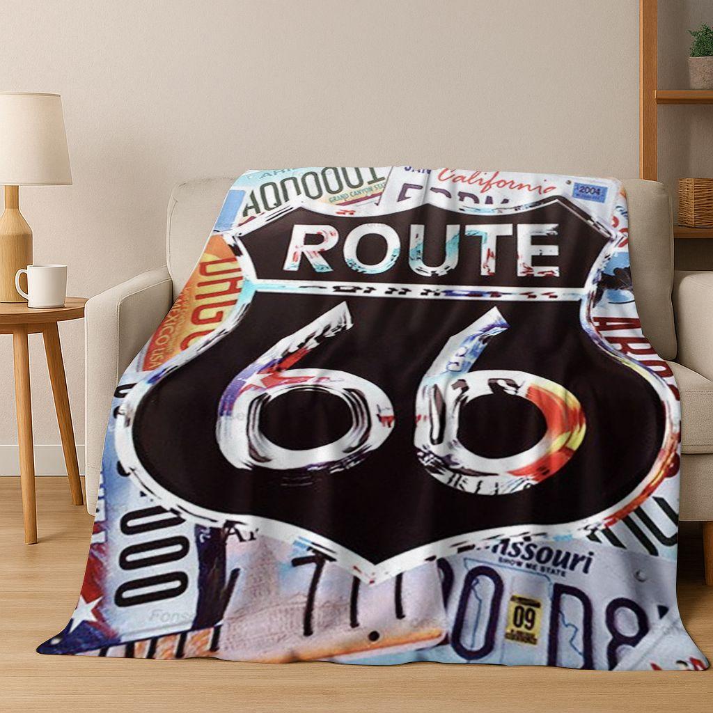 Retro Route 66 Road Trip America Historic Mother Road Art Flannel Blanket,Cozy Soft Throw Blanket for Home Bedroom Bed Sofa Gift
