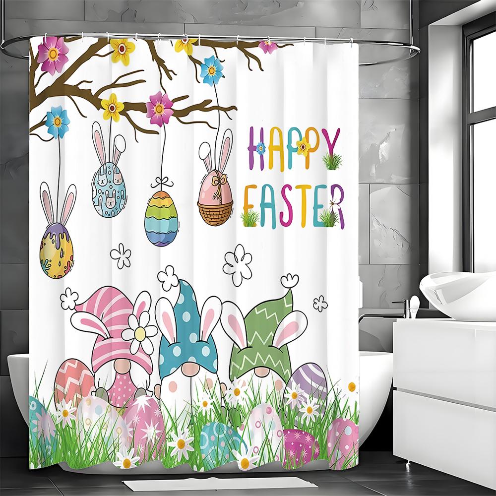 Easter Dwarf Shower Curtain, Cute Dwarf Eggs and Flowers Bathroom Decorative Shower Curtain, Waterproof Shower Curtain with Hook