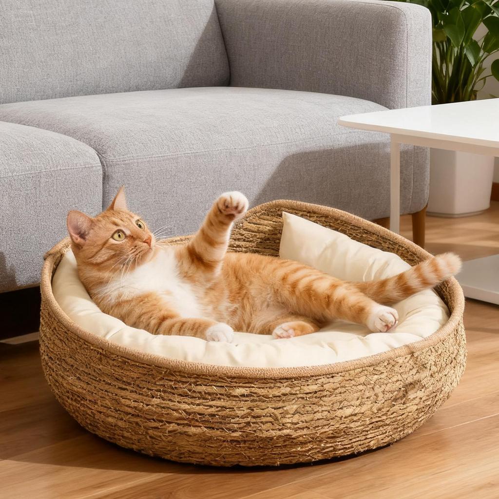 Natural Cat Bed Straw Nest Woven Pet House Handmade Braided Cattail Leaf with Soft Cushion