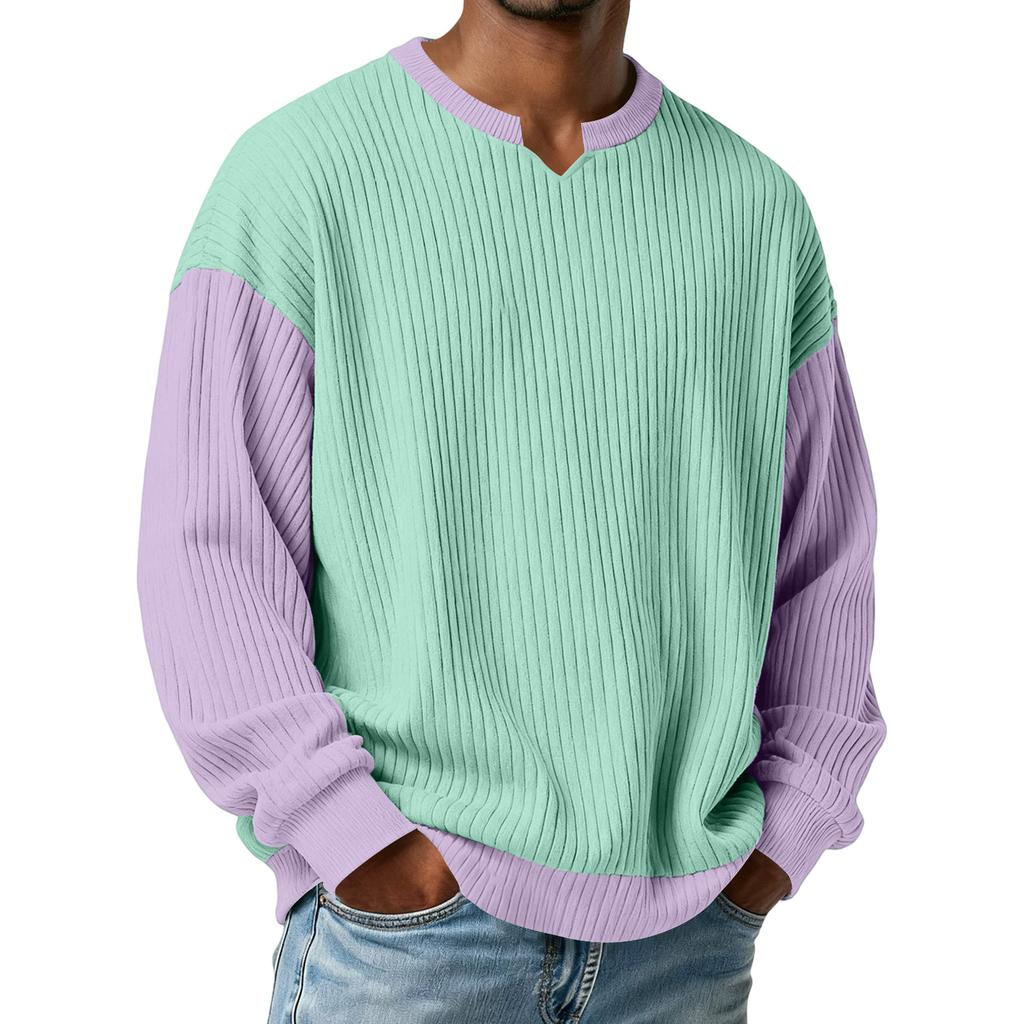 Men's Color,Blocked Stylish V,Neck Ribbed Textured Long,Sleeve T,Shirt