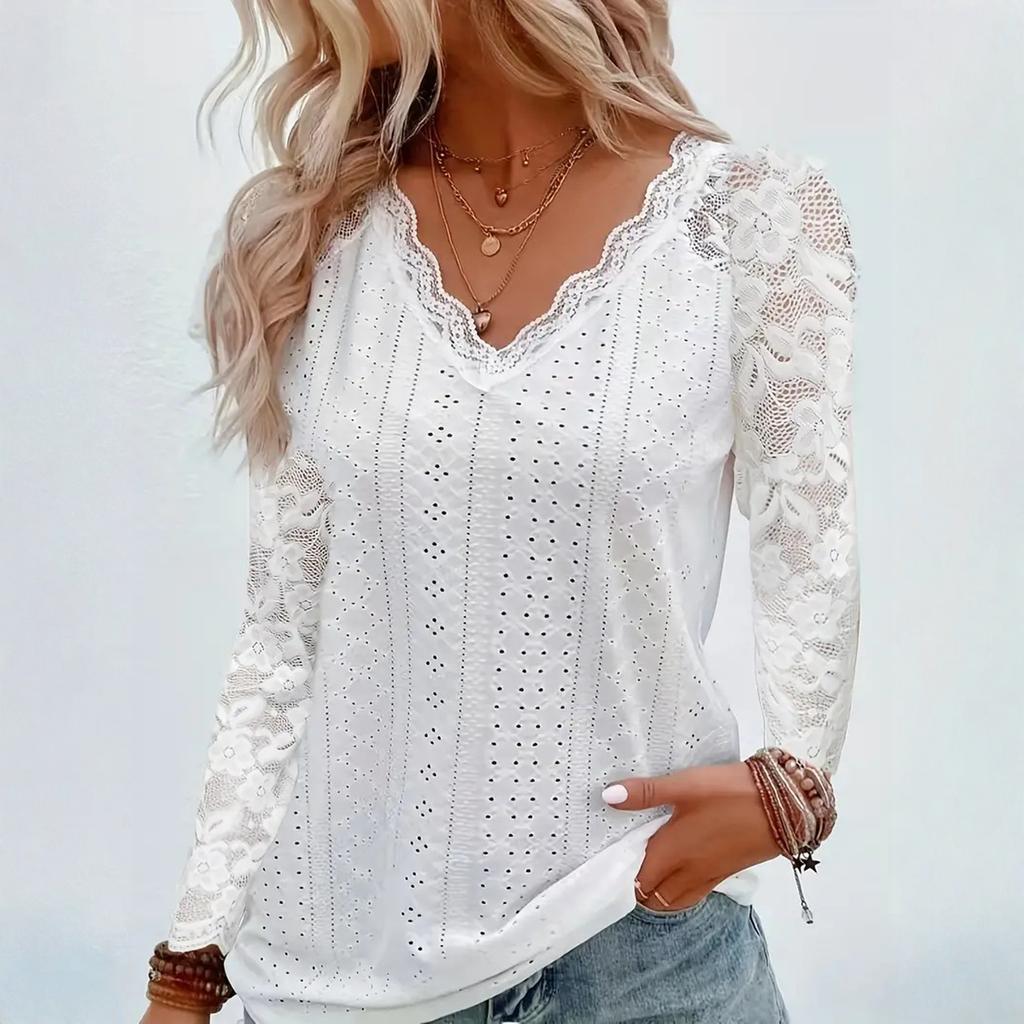 Women's Casual V-neck Lace Patchwork Cutout Blouse Top