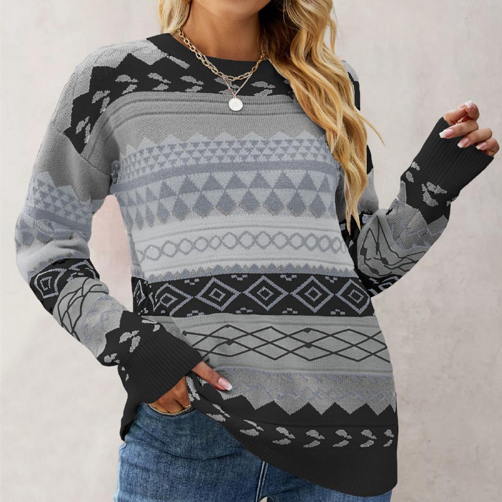Women's Knitted Retro Round Neck Loose Pullover Sweater