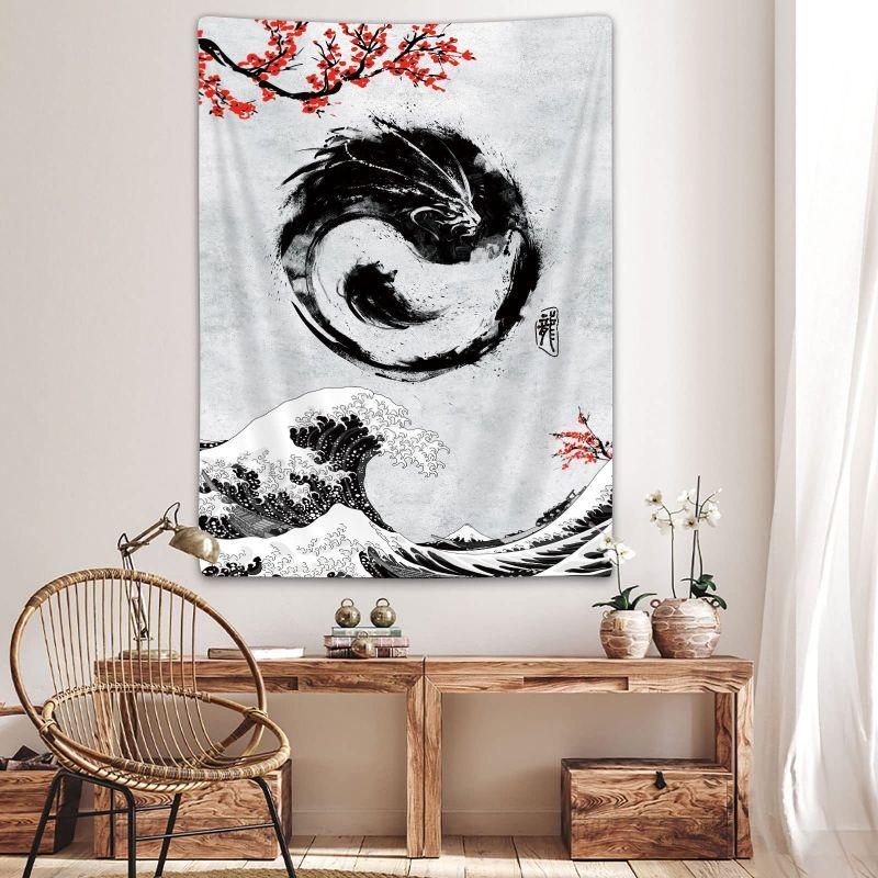 Ink Dragon Wave Tapestry, Ukiyo-e Wall Hanging, Chinese Dragon Wall Decor for Bedroom Living Room, Oriental Home Decor