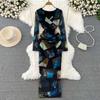 Sexy Tie-dye Printed V-Neck Long Sleeve Dress Women Chic Elegant Patchwork Vintage Midi Dresses Female Korean Fashion Casual One Piece Dress 2024