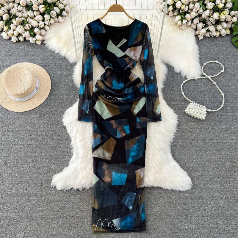 Sexy Tie-dye Printed V-Neck Long Sleeve Dress Women Chic Elegant Patchwork Vintage Midi Dresses Female Korean Fashion Casual One Piece Dress 2024