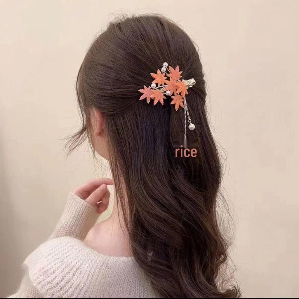 2024 Exquisite Maple Leaf Tassel Hair Clip - Elegant Duckbill Hairpin for Women