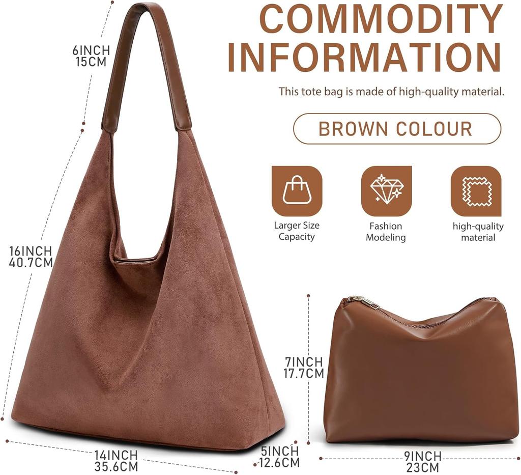 Suede Tote Bag Woman Vintage Large Capacity with Zippered Cosmetic Organizer, Slochy Hobo Tote Bag, Underarm Bag