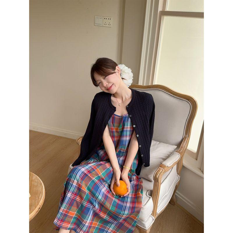 

Kumikumi Праздничный Стиль Ретро Контрастный Цвет Клетчатое Платье-Юбка на Подтяжках Женское Летнее Свободное Приталенное Лоскутное Cardigan M