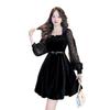 Autumn Black Velvet French Square Neck Dress: Waist-Cinching, Slimming A-line Hepburn Style with Long Sleeves