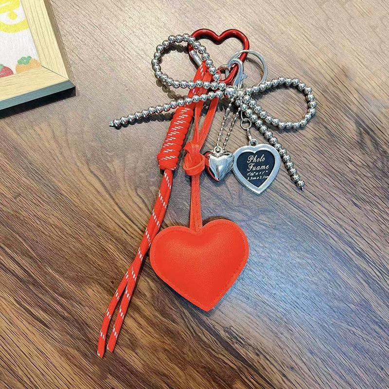 Trendy Leather Heart Bow Keychain Delicate Beaded Keyring Car Key Holder Bag Pendant Decoration For Girls Gift