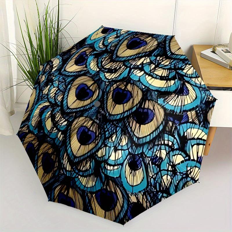 1pc Peacock Feather Pattern Automatic Folding Umbrella - 8-Rib Iron Frame, Windproof, Portable Sunshade with Plastic Handle for Travel & Out