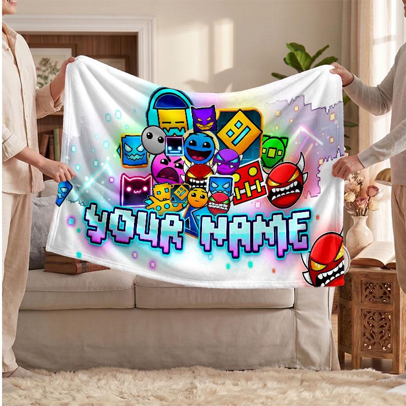 Geometry Dash Personalized Flannel Blanket, Custom Printed Text Name, Warm Soft Blanket For Couch Bed