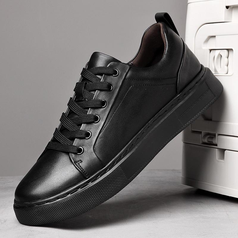 Herren Freizeit-Schuhe aus echtem Leder, Retro-Stil Schwarz/Weiß, Atmungsaktives Komfort-Innenfutter, Schnürung, Modische Sneaker, Größe 38-45