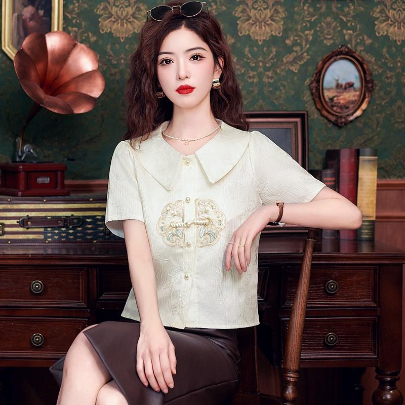 New Fashion Summer Short Sleeve Chinese Style Doll Collar Embroidery Chiffon Blouse Shirt Women Tops J392