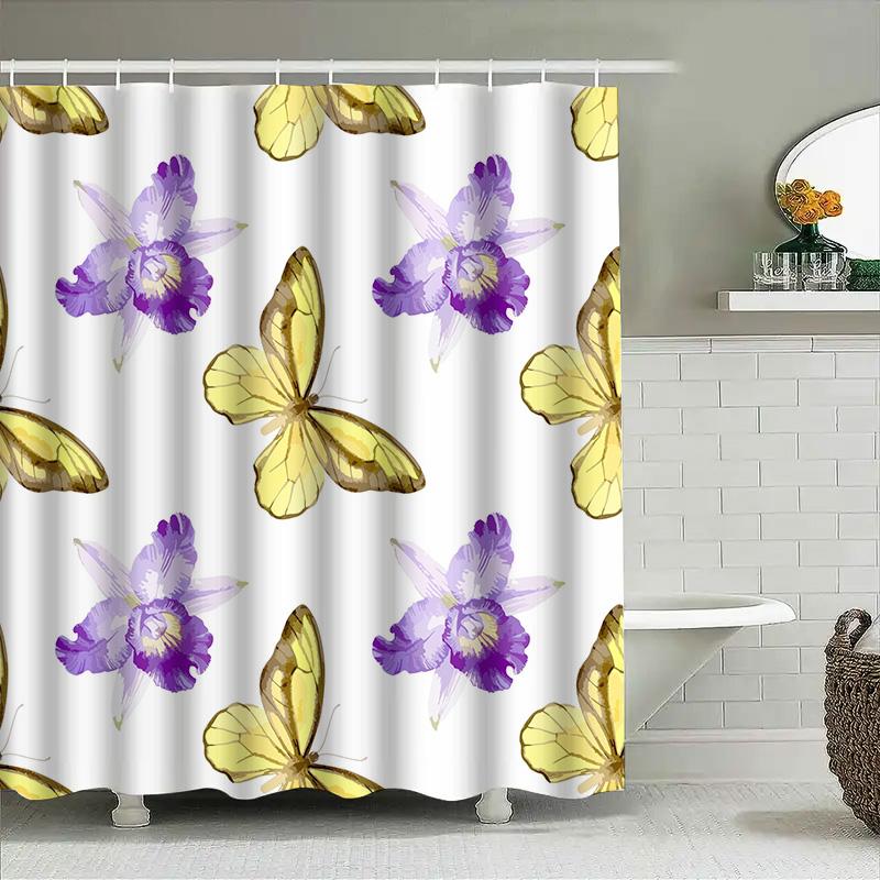 White Shower Curtain with Purple Orchids Yellow Butterflies Waterproof Decor for Bathrooms Black Trim Finish (Large Size) [Item