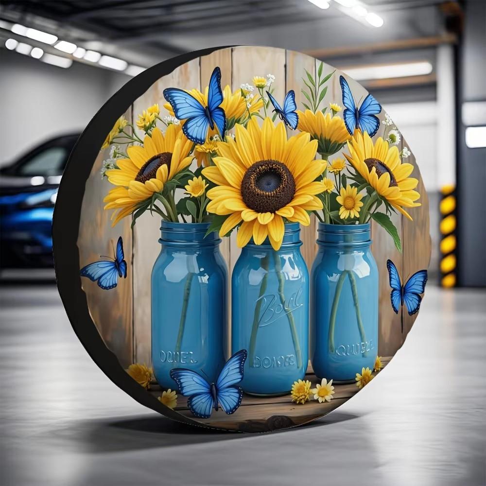 Sunflower Butterfly Print Spare Tire Cover Universal Polyester Tire Protector for Vehicle Decoration