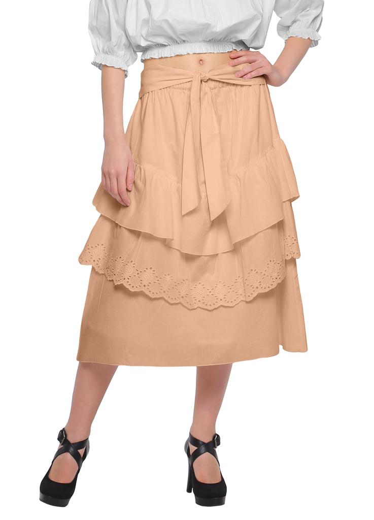 Moomaya Solid Cotton Skirts For Women Knee Length With Lace Belt Ruffle