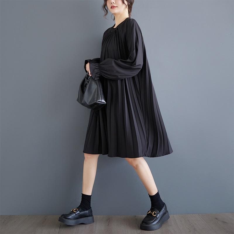 Long Sleeve Plus Size Black Cotton Vintage New In Dresses for Women Casual Loose Spring Autumn Midi Dress