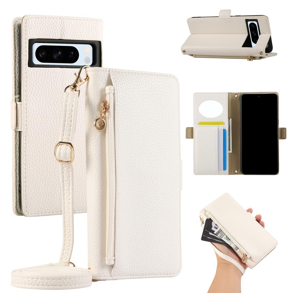 Crossbody Zipper Cards Solt Wallet Leather Case For Google Pixel 9 Pro XL 8 8A 7 7A 6 6A Makeup Mirror Long Lanyard Book Cover