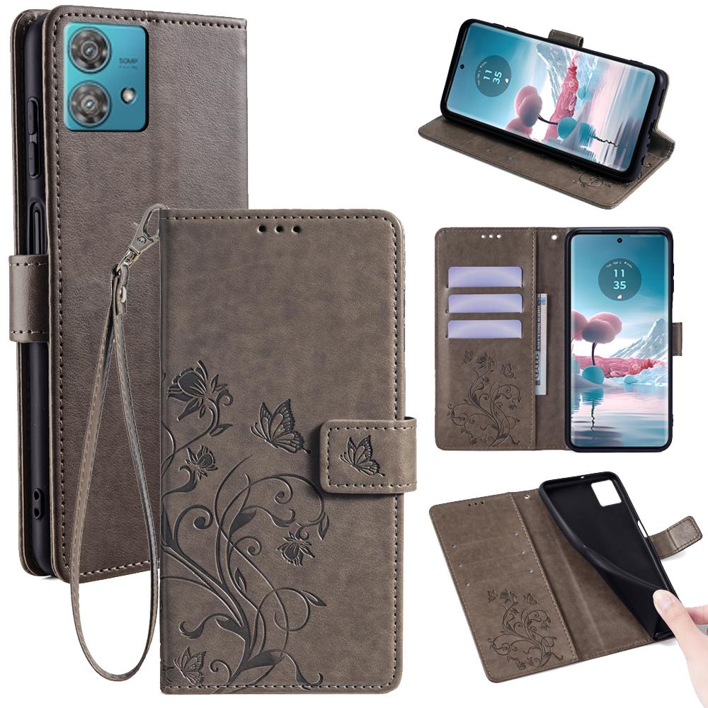 Für Motorola Edge 40 Neo 5G Handyhülle mit Handschlaufe Leder-Klapphülle mit Schmetterling-Blumen-Prägung