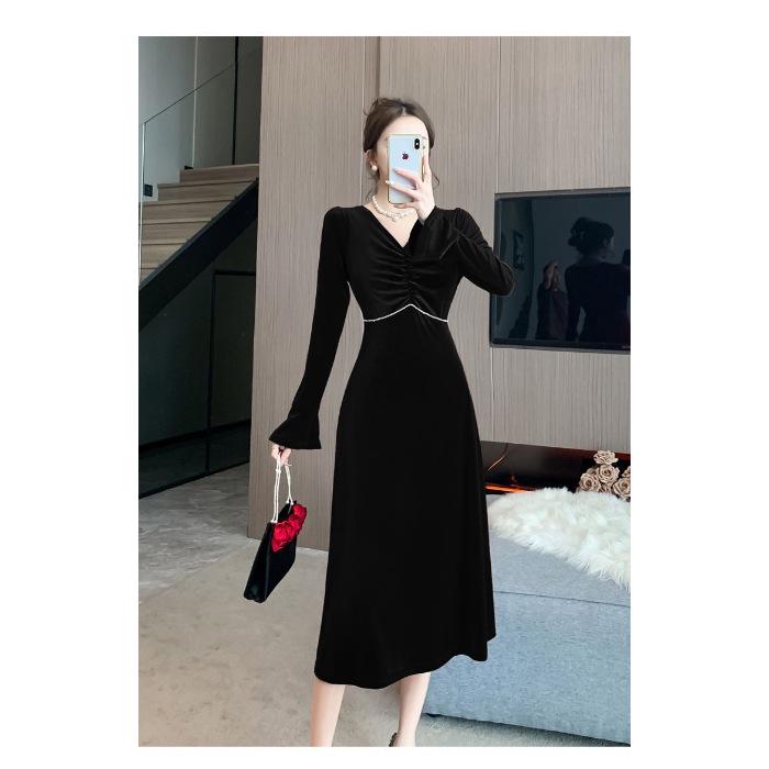 Элегантное золотое бархатное длинное вечернее платье с V-образным вырезом, стройнящее - Издание Осень 2025 2XL чёрный