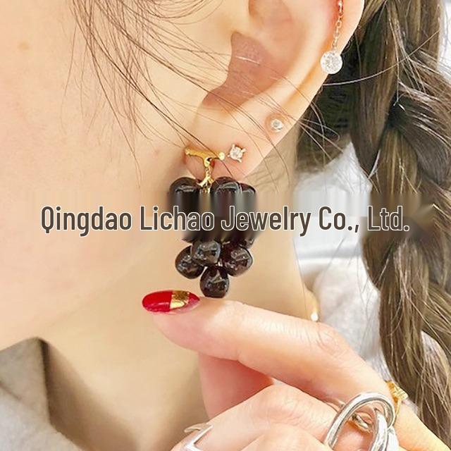 Boucles d'oreilles puce en forme de fruits style japonais et coréen, Muscat vert et raisin violet pour femmes