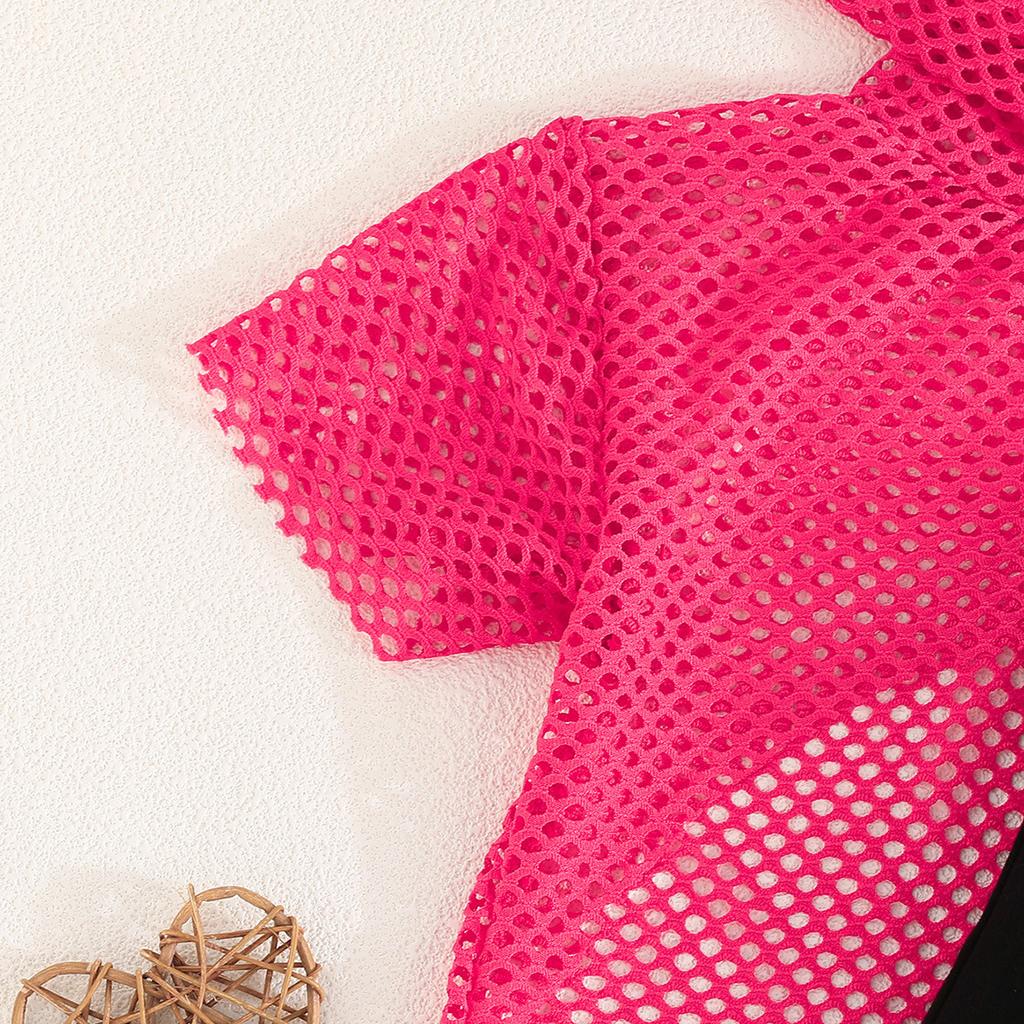 Girls Summer Fashion Set Pink Mesh Hoodie + Black Strap Dress Two Pieces